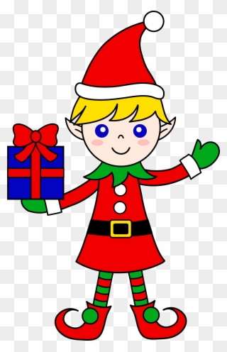 Cute Christmas Elf With Gift - Elf Cartoon Santa Clipart