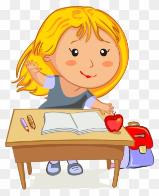Girl Sitting At Desk Clipart - Cartoon Character At School - Png Download