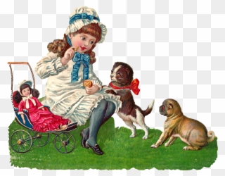 Girl Playing With Dogs And Doll Digital Clip Art Clip - Girl Playing With 3 Dogs - Png Download