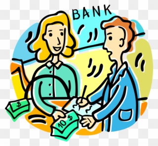 Vector Illustration Of Bank Teller And Customer Withdrawing - Deposit ...