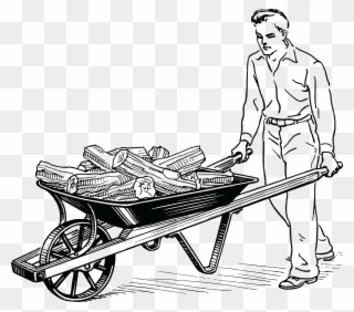 Free Clipart Of A Retro Black And White Man Pushing - Simple Machine Wheel Barrow - Png Download