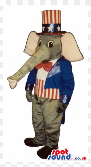 Grey Elephant Plush Mascot Wearing Uncle Sam Garments - Patriotic Elephant Lightweight Mascot Costume Clipart
