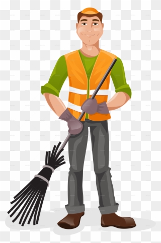 Illustration Of Janitor Cleaner Holding Broom Circle - Дворник Вектор Clipart