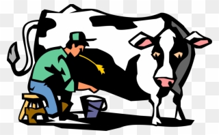 Vector Illustration Of Dairy Farmer Milking Holstein - Farmer Milking Cow Cartoon Clipart