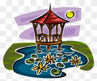 Vector Illustration Of Gazebo In Garden Pond With Lily - Gazebo Vector Clipart