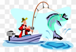 Vector Illustration Of Sport Fisherman Angler In Motorboat - Cartoon Of Someone Fishing Clipart
