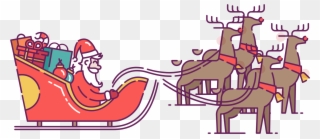 Santa In Sleigh Pulled By Reindeer Clip Art - Reindeer - Png Download
