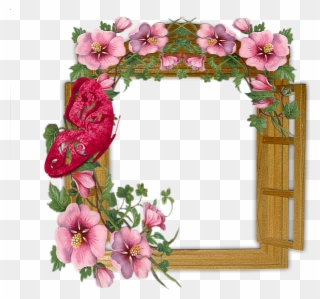 Wooden Winow With Flowers And Butterfly Transparent - Flowers Photo Frame Download Clipart
