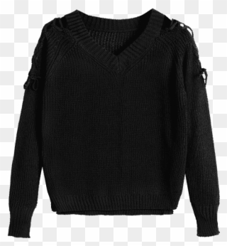 Pulloversv Neck Raglan Sleeve Lace Up Sweater Black - Sweater Clipart