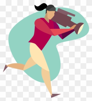 Vector Illustration Of Camerawoman Running With News - Illustration Clipart