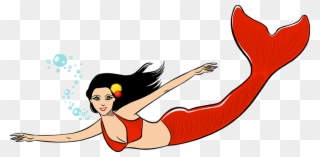 Clipart Swimming Mermaid - Red Tailed Mermaid Cartoon - Png Download