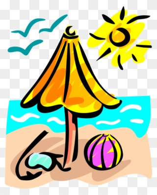 Vector Illustration Of Beach With Umbrella, Beach Ball - 2018 End Of School Year Clipart