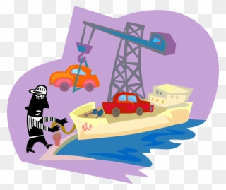 Vector Illustration Of Automobiles Being Loaded By - Ship Clipart