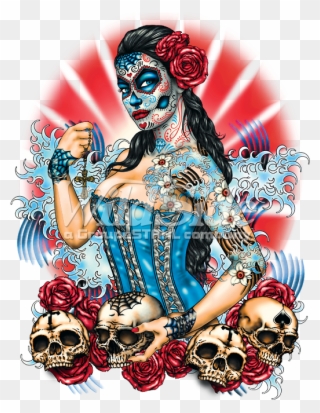 Day Of The Dead Pinup With Skulls And Roses - Day Of The Dead Pinup Clipart