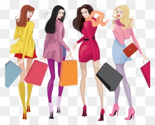 Graphic Transparent Library Art Fashion Illustration - Four Beautiful Young Women With Shopping Tote Bag Clipart