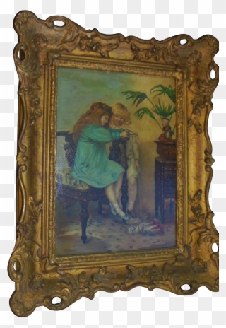 Signed Antique Oil Painting Little Girls Children Portrait - Picture Frame Clipart