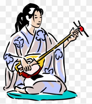Vector Illustration Of Japanese Geisha In Kimono With - Cartoon Image Of A Boy Playing Sitar Clipart