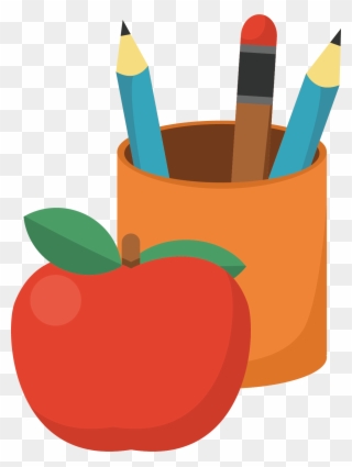 Vector Free Stock Brush Pot Orange Vector Transprent - Apple And Pencil Clipart - Png Download