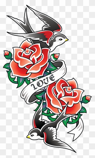 Mq Red Rose Bird Swallow Tattoo - Old School Rose Tattoos Clipart