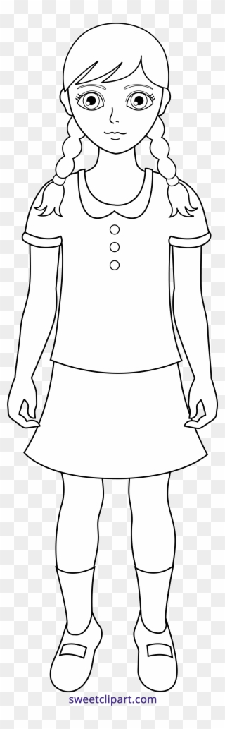 Little Girl With Braids Lineart Clipart - Png Download