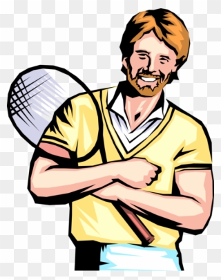 Vector Illustration Of Tennis Player With Racket Or - Cartoon Clipart