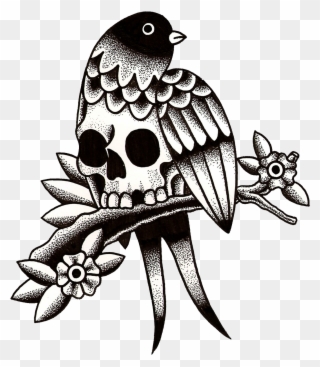Skull Bird Traditional Tattoo Black And Grey, Traditional Clipart