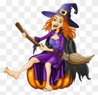 Halloween Witch With Pumpkin Png Clipart - Beautiful Witch On Broomstick And Cat Transparent Png