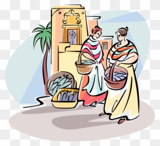 Women Shop In Outdoor Fish Market - Illustration Clipart