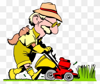 Vector Illustration Of Man With Squirrel Mows The Lawn - Old Man Mowing Lawn Cartoon Clipart