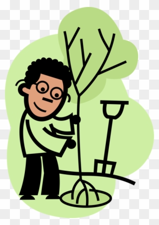 Vector Illustration Of Arborist Planting Tree Cultivates, Clipart