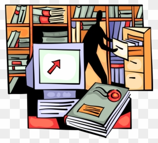 Vector Illustration Of Office Worker Manages Files Clipart