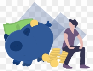 Man Sitting Down And Staring At A Piggy Bank With Money - Saving Clipart