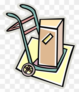 Vector Illustration Of Shipping Box On Dolly Or Handcart Clipart