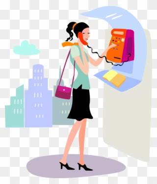 Vector Illustration Of Young Woman Makes Call From - Illustration Clipart