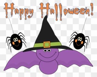 Bat With Witchs Hat And Spiders - Halloween Purple Clip Art - Png Download