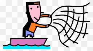 Vector Illustration Of Sport Fisherman Angler Throws - Cartoon Fisherman With Net Clipart