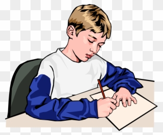Vector Illustration Of Schoolboy Student Writing Answers - Boy Writing A Story Clipart