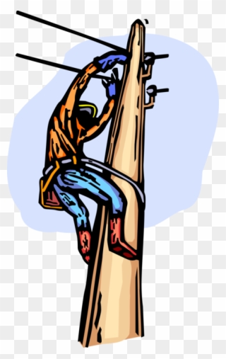 Vector Illustration Of Electrician Lineman Repairs - Illustration Clipart