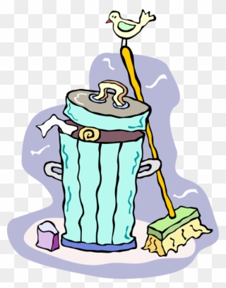 Vector Illustration Of Garbage Or Trash Can With Broom - Broom And Trash Can Clipart