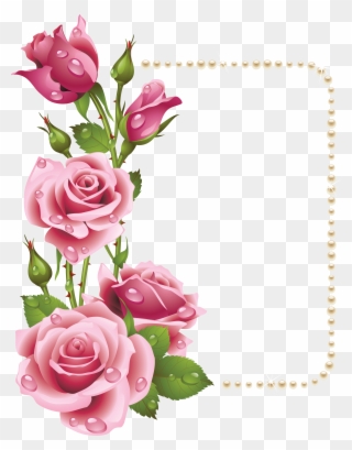 Large Transparent Frame With Pink Roses And Pearls - Pink Rose Frame Clipart