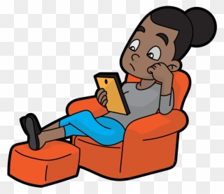Cartoon Black Woman Using Her Mobile Tablet - Sitting Clipart