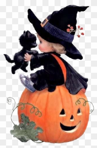 Cartoon Baby Witch With Black Cat,black Hat Witches - Halloween Witch Black Cat And Witches Clipart