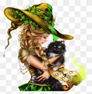 Witch Girl Holding A Black Cat - Illustration Clipart
