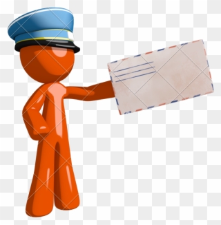 Orange Man Postal Mail Worker Presenting Envelope - Cartoon Clipart