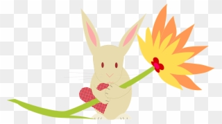 Bunny With Heart And Huge Flower - Clip Art - Png Download