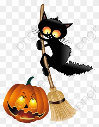 Black Cat Clipart Illustration - Halloween Cat And Pumpkin - Png Download