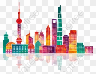 Colorful Shanghai Building Silhouettes - Shanghai Skyline Illustration Clipart