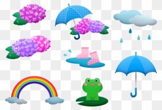Rainy Season Frog Kawaii Asian Hydrangea Rain - Umbrella Clipart