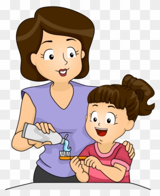 Download Mother And Kid Brushing Teeth Clipart Tooth - Baby Brush Teeth Cartoon - Png Download