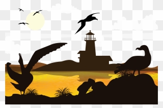 Lighthouse Sunset Silhouette Png Download - صور ظليه مدينة غروب Clipart
